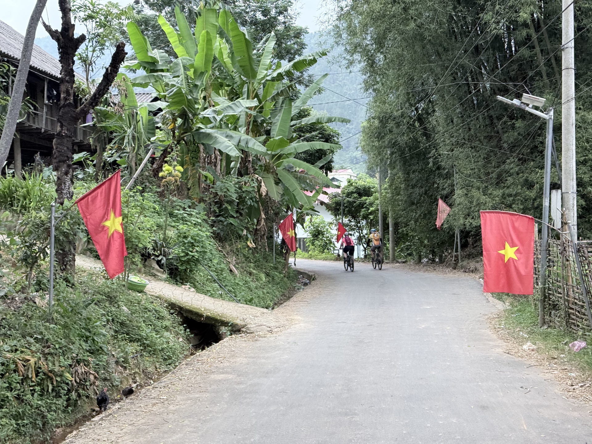 Fietsers in dorpje Vietnam