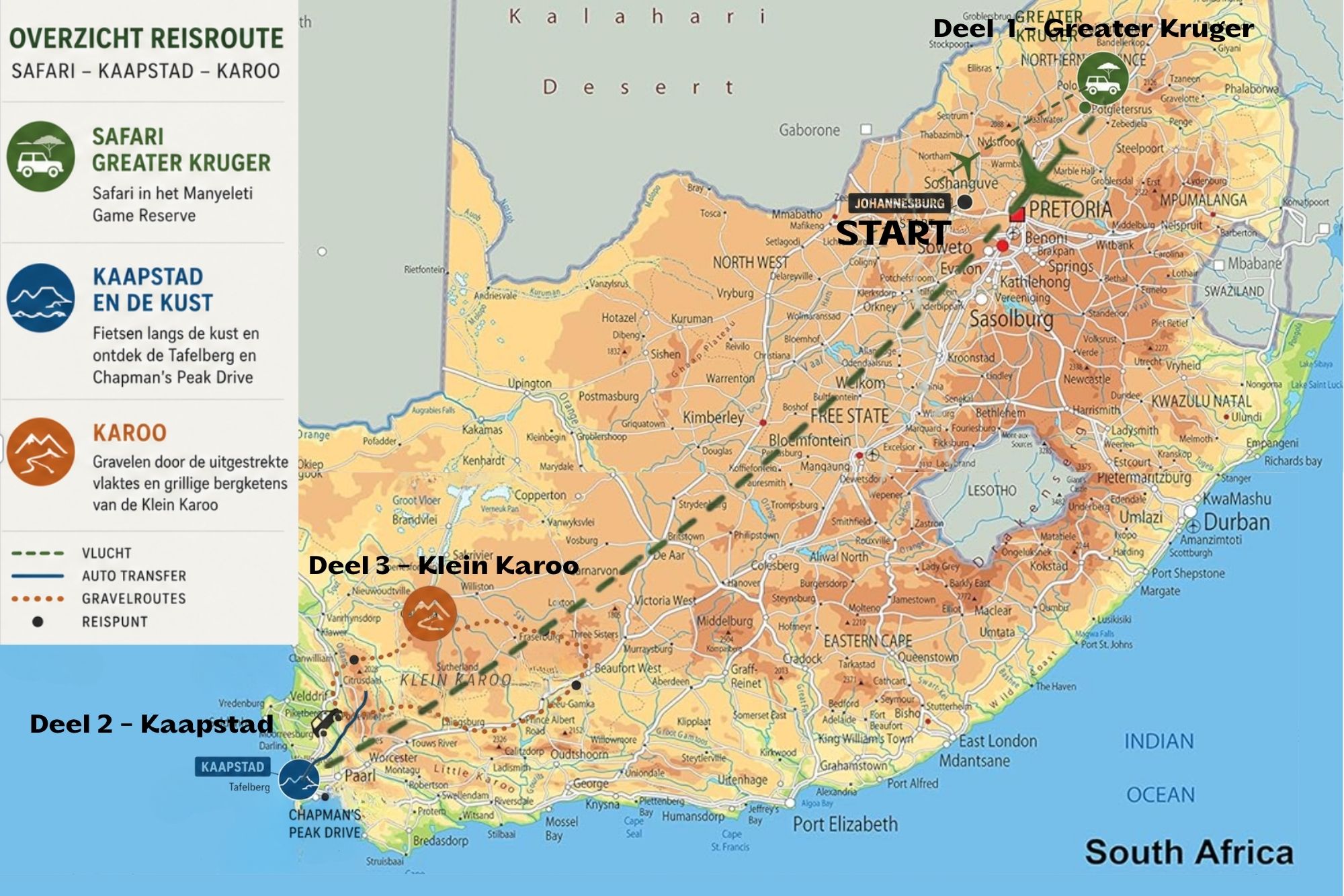Kaart Zuid Afrika reis